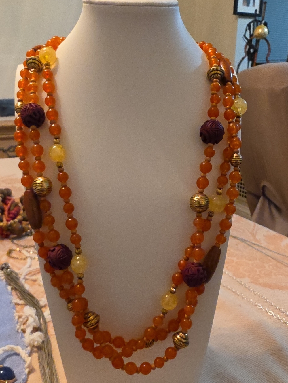 Multi-Strand Orange Beaded Necklace with Gold Accents